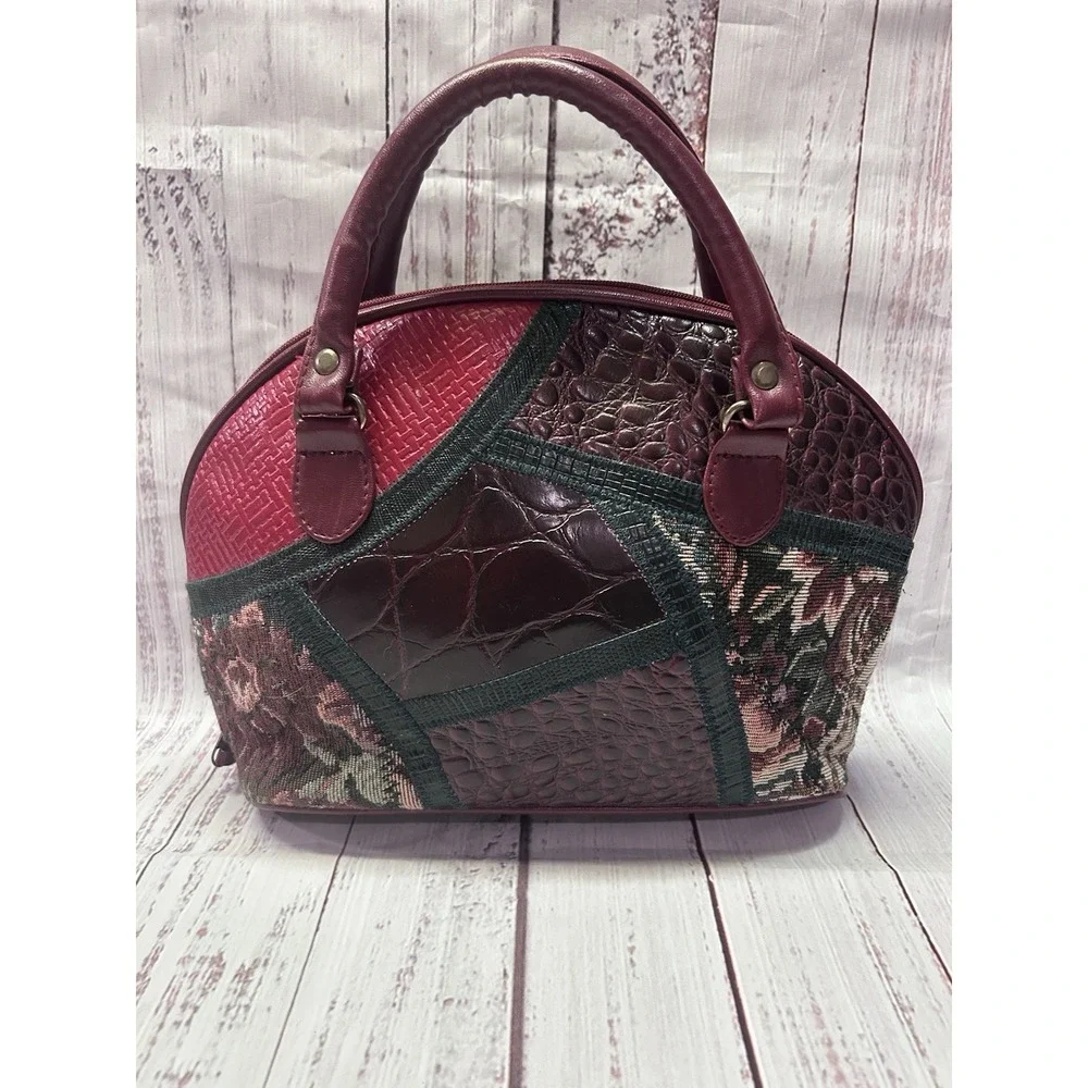 Vintage Style Burgundy Patchwork Satchel Floral Tapestry Croc Embossed Dome Bag